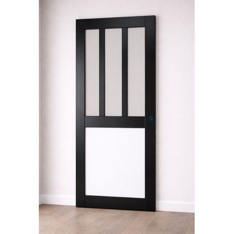 Porta scorrevole da laboratorio nera, pannello bianco con vetro H204 x L83 cm, conchiglie nere Gd Menuiseries