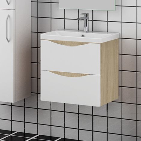 Aica Sanitaire – Meuble sous vasque suspendu 49.5x34.5x50cm – 2 tiroirs – Vasque blanche en résine – Système SoftClosing – Finition mélaminé mat et brillant (1/4)