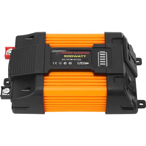 Onduleur 500W 12V vers 220V avec 2 ports USB, 1 prise universelle, affichage de niveau de batterie, chargeur voiture et câble à pinces crocodiles (1/5)