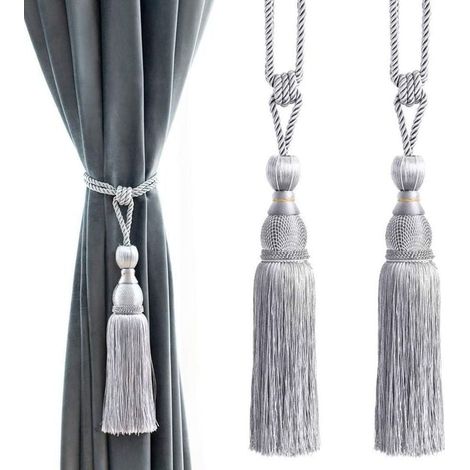 Embrasses de rideaux décoratives à pompons et boules - Attaches de rideaux pour la maison et le bureau, boucles tressées, franges, lot de 2 (gris) (1/4)