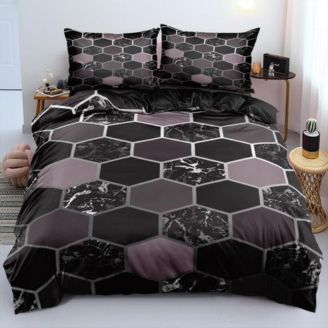3D Bettwäsche Set 220x240cm Schwarz Grau Geometrie Hexagon Mikrofaser mit Reißverschluss