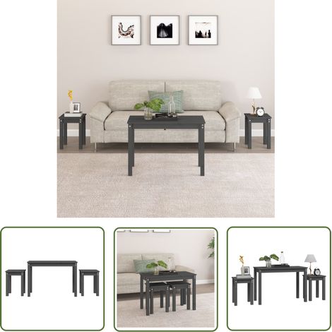 The Living Store Tables gigognes 3 pcs Gris Bois de pin massif - Table Basse - Table D'appoint - Meuble Petit Espace - Ensemble De Tables - Tables Imbriquées (1/5)