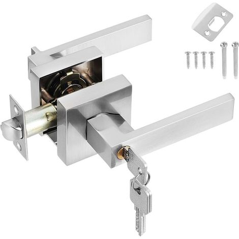 Poignée de porte à levier argentée, poignée de porte intérieure avec serrure et clé, poignée de porte d'entrée carrée pour chambre, bureau, pour gauchers et droitiers