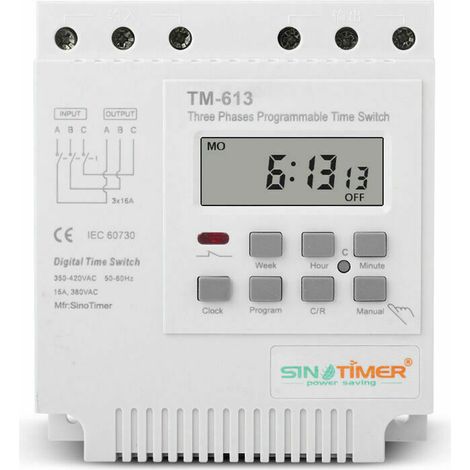 TM-613 Relais Temporisé Programmable 380V / 50-60Hz 16A Relais Hebdomadaire Commutateur de Minuterie de Puissance Interrupteur de Minuterie Triphasé Horloge Numérique Intelligente (1/5)