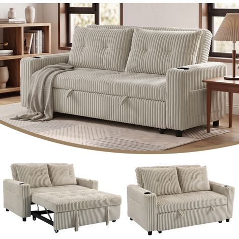 HOMCOM Corduroy Click Clack Sleeper Sofa with Pull Out Design, Cream White (1/5)