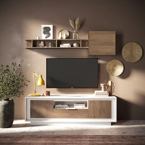 Meuble TV moderne 180 cm laqué blanc mat/mercure Rosine (1/4)