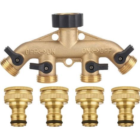 Divisor de tuberías de latón macizo de 4 vías con válvulas de cierre, grifo y salidas de 1,9 cm. Permite conectar hasta 4 tuberías simultáneamente. (1/5)