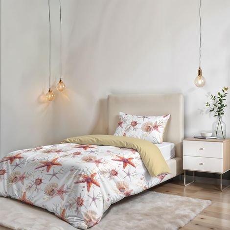 Parure de housse de couette SANS REPASSAGE - Ensemble housse de couette - Lit 1 place, Microfibre - Housse 150x200 cm + Rabat et 1 taie d'oreiller 50x80 cm - Starfish (1/5)