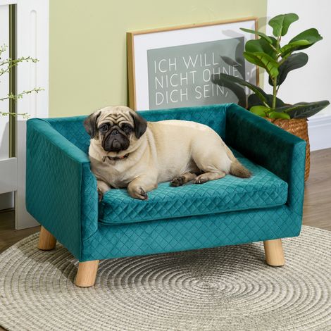 Petit canapé pour chien 64x45x36 cm, recouvert de velours, avec coussin lavable et pieds en bois de bouleau bleu-vert (1/5)
