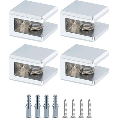 4 Pièces Pince à Verre Carrée en Alliage de Zinc pour Étagère, Support Universel pour Verre de 3 à 6 mm, Fixation Murale Invisible du Verre Robuste, Support de Verre Réglable Chrome (1/5)