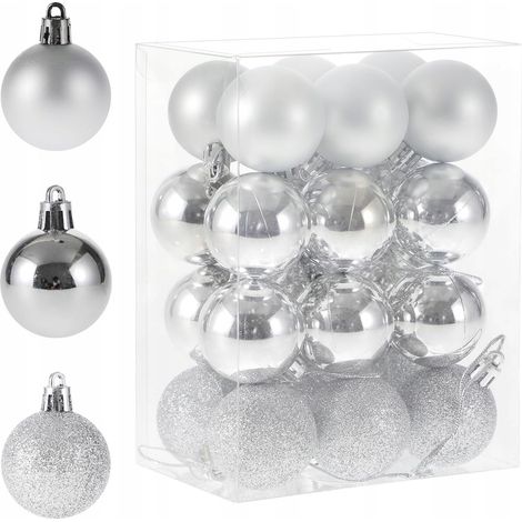 Silberne Weihnachtskugeln, 4 cm, 24 Stück, bruchsicherer Kunststoff (1/4)