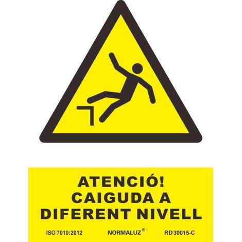 Señal en Catalán de "ATENCIÓ CAIGUDA A DIFERENT NIVELL" con tintas UV SEKURECO