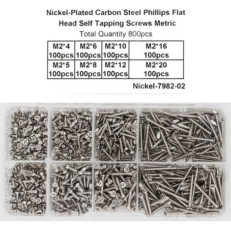 Lot de 800 Vis à Métaux Auto-taraudeuses M2 en Acier Inoxydable à Tête Plate (1/4)