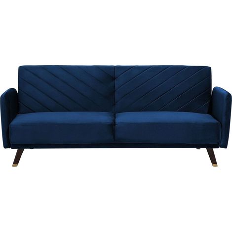 Beliani – Canapé convertible 3 places en velours bleu marine – Mécanisme clic-clac – Surface de couchage 110x178 cm – Dossier inclinable pour confort (1/5)