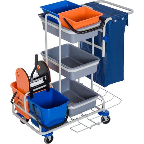 CARRELLO PROFESSIONALE CON 4 SECCHI GRIGIO. BLU E ARANCIONE CON STRIZZATORE (1/5)