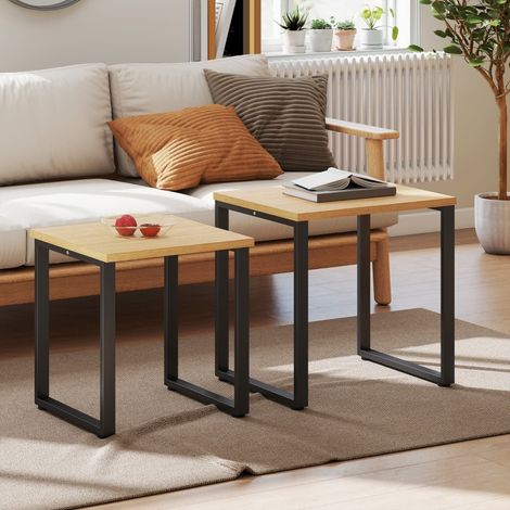 Lot de 2 tables basses gigognes - 60x50x60 cm - Tables d'appoint emboîtables avec cadre en métal pour salon - Naturel (1/5)