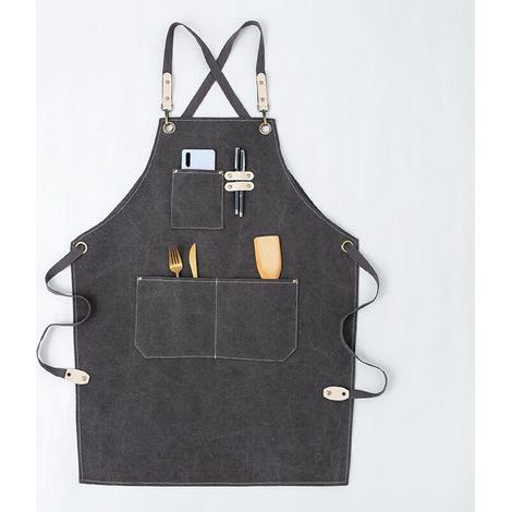 Pair Tablier de travail pour homme/femme, tablier de cuisine réglable en toile avec 3 poches, tablier d'atelier pour barbecue, boulanger, charpentier, tatoueur, barbier, peintre - Gris (1/5)