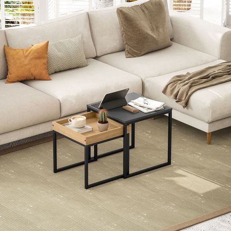 Lot de 2 tables basses noires en bois et acier, piètement en U, tailles 45x45x45 cm et 40x40x40 cm, design moderne. (1/5)
