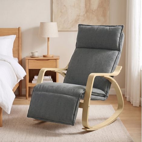 Silla mecedora de tela efecto lino gris oscuro con reposapiés ajustable en 5 posiciones (1/5)