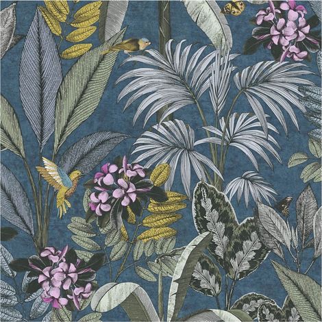 Birds wallpaper wall Profhome 387383 smooth non-woven non-textured wallpaper with hummingbirds matt blue green yellow grey 5.33 m2 (57 ft2) (1/5)