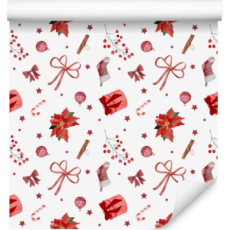 Carta da parati natalizia bianca, corallo e rossa 50x1000 cm (1/5)