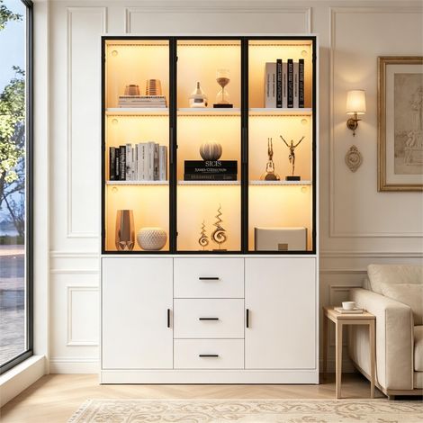 Vitrine bibliothèque 120x30x200 cm avec porte vitrée, LED, 3 tiroirs, portes et poignée, rangement salon, panneaux de particules, Blanc (1/5)