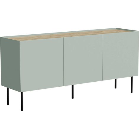 Buffet Verrone, buffet de salon à trois portes battantes et compartiments intérieurs, surélevé du sol, 150x40 h70 cm, vert et chêne (1/5)