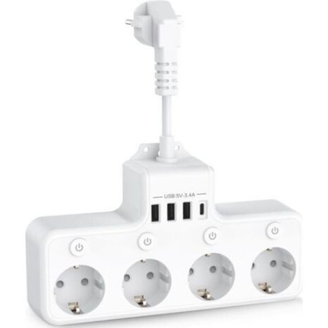 Multiprise USB 8 en 1, 4 prises avec 4 ports USB, chargeur de voyage (5V/3A, 5V/2,4A), multiprise 3680W 16A avec 4 interrupteurs multiples individuels pour la maison et le bureau, blanche.