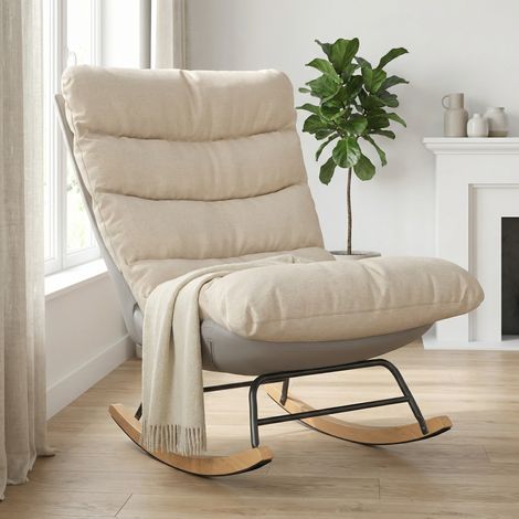 Sedia a dondolo, Poltrona relax ergonomica 72x83cm, Poltrona da soggiorno imbottita con imbottitura ad alta resilienza, Design moderno in tessuto e metallo, Beige