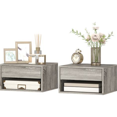 Lot de 2 tables de chevet murales, tables de nuit, tiroir, compartiment ouvert, plateau, 37 x 32 x 21 cm, gris (1/5)
