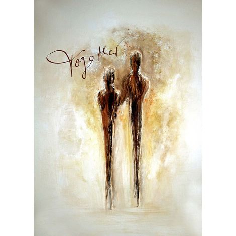 Tableau moderne deux silhouettes ensemble pour salon | Tableau original gris & beige doré pour chambre | Tableau sur toile idéal couloir - 0,5 x 0,7 m (1/2)