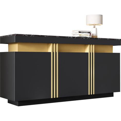 CHICFURN Credenza contenitore 140x38x70 cm nera effetto marmo, 3 ante e ripiani regolabili (1/5)