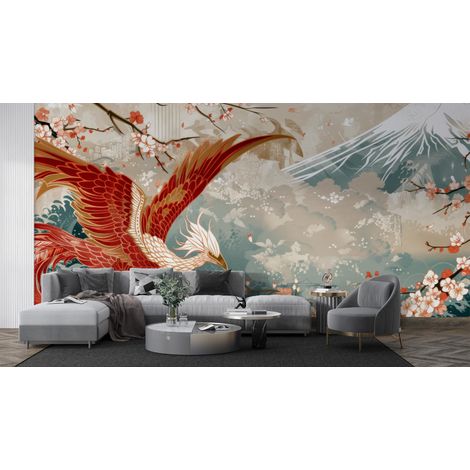 Papier peint animaux phenix rouge survolant des montagnes enneigees 1 - 150 x 250 cm (1/2)