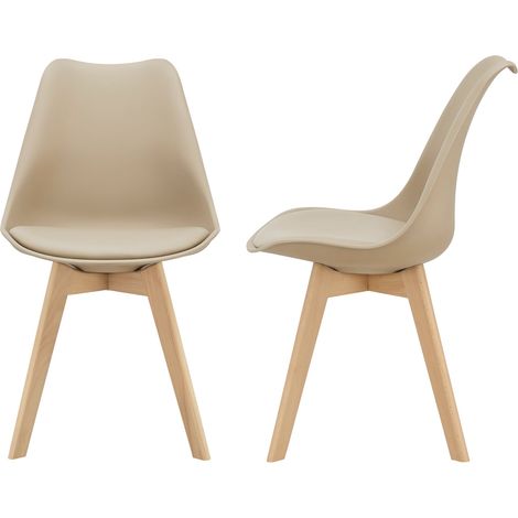 Helloshop26 – Lot de 2 chaises scandinaves en plastique synthétique et hêtre – Hauteur 81 cm – Siège beige rembourré pour cuisine et salle à manger