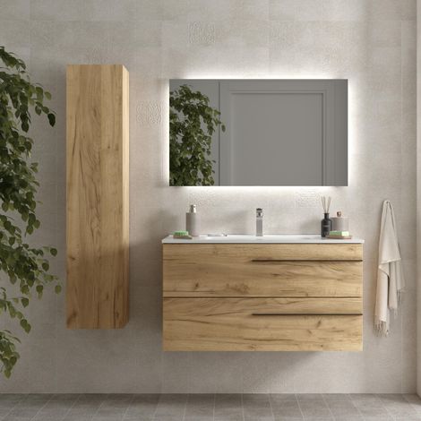 Meuble de salle de bain YARA 100cm Chêne Vasque Porcelaine Centrale (1/5)