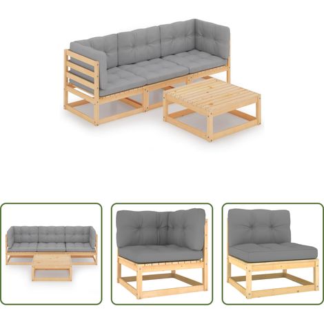Canapé extérieur - Salon de jardin 4 pcs avec coussins Bois de pin massif (1/5)