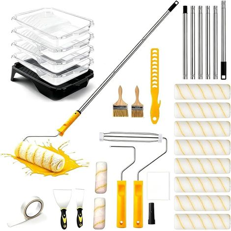 Rouleau Peinture,Set De Peinture 30 Pièces,Un Ensemble De Pinceaux à Rouleau Avec Bac à Peinture,Avec Manche Télescopique En Acier Inoxydable,Adapté Pour Murs,Plafonds,Portes Et Fenêtres (1/5)