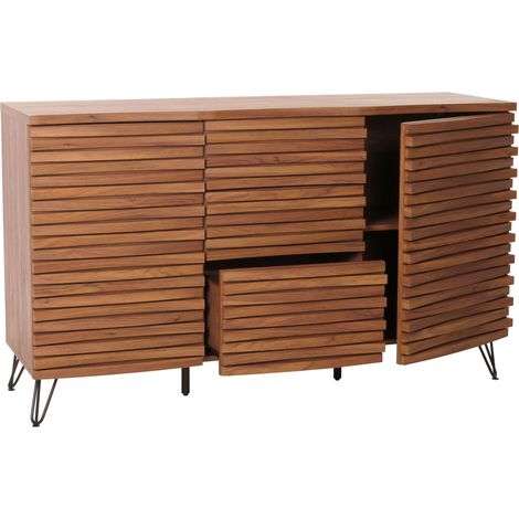 Sideboard HHG-432, Schrank Kommode Highboard, 3D-Design Staufächer, MDF Metall 85x142x44cm Walnuss-Optik