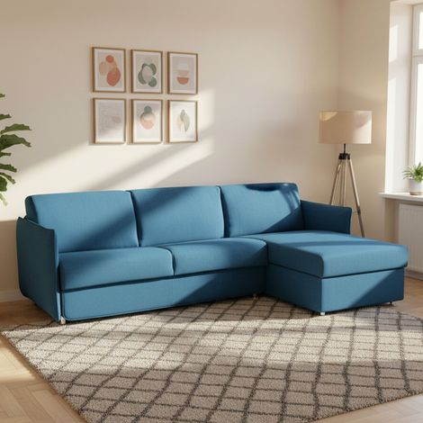 Sofá Cama con Chaise Longue Scordia, Desenfundable, Almacenaje Made in Italy, Impermeable Multiuso Convertible en Cama, 260x160 cm azul (1/5)