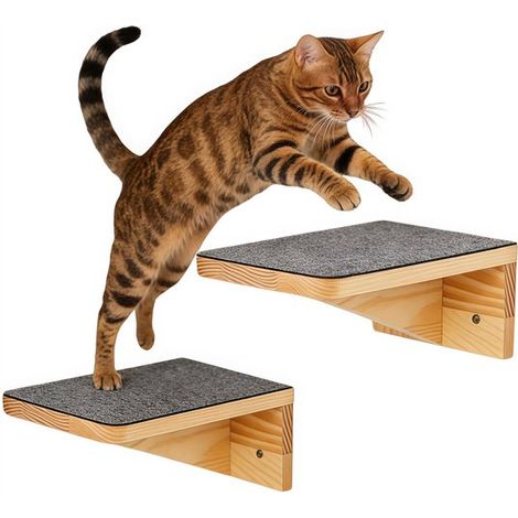 Lot de 2 étagères d’escalade pour chat – Bois naturel – 15 x 25 x 9,5 cm – Montage mural – Gain de place (1/5)