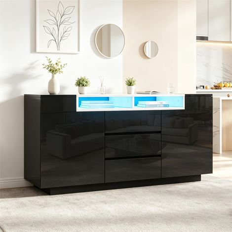 Sideboard Wohnzimmer mit 2 L-förmigen Türen, 3 Schubladen, 2 Fächern, LED und Verstellbaren Trennwänden, Schwarz 140 x 40 x 68 cm (1/5)