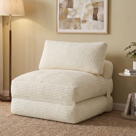 Chauffeuse Convertible en Velours Côtelé, Lit d'Appoint Pliable, 89 x 89 x 78 cm / 89 x 195 x 43 cm, Blanc (1/5)