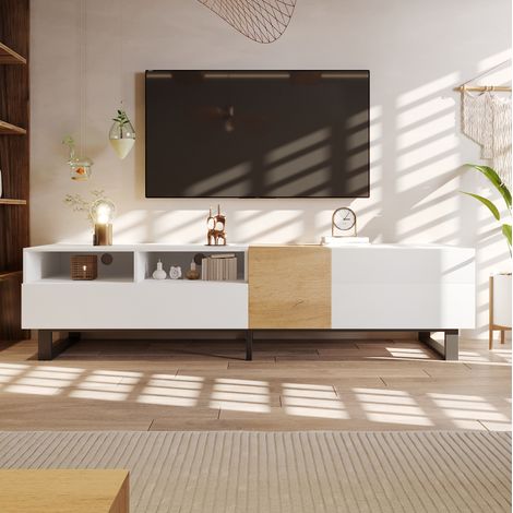 Moderner TV-Schrank, Weiß Und Holzoptik, 180 x 50 x 38 cm, Minimalistisches Design (1/5)