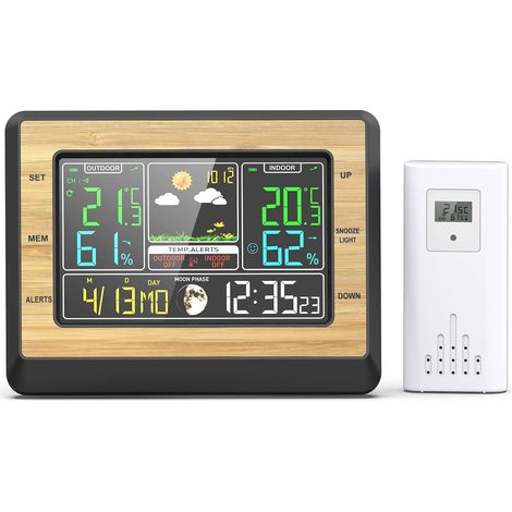 Station Météo - Écran LCD 6 Pouces - Capteur Sans Fil Extérieur IP54 - Affichage Température Humidité Pression - Réveil Snooze - Jaune - 1 Pièce (1/5)
