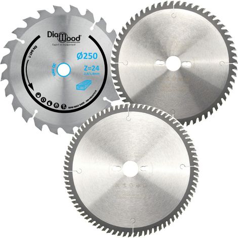 DIAMWOOD - Pack 3 Lames Scie de Table 250 mm - Al. 30 mm - Z24 Débit - Z60 Universelle - Z80 Haute Finition Bois Mélaminé Stratifié - Ebénisterie (1/5)