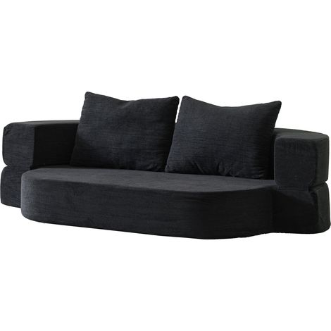 Canapé-lit pliant 2-en-1 avec mousse haute densité et 2 coussins, matelas futon convertible, tissu noir, taille simple (1/5)