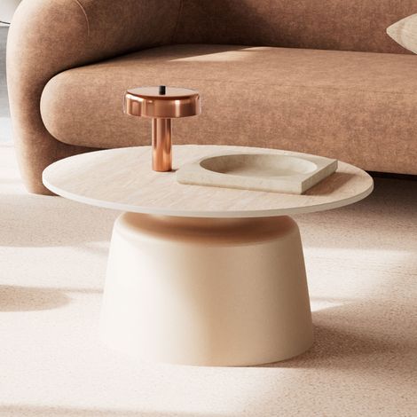M&S – Table basse fixe 70x70x36cm en céramique effet travertin beige – Pied en métal – Esthétique contemporaine – Pour intérieur élégant (1/5)