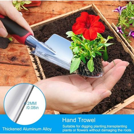 ALLIANDISKit de jardinage lourd en aluminium de 3 pièces comprenant une pelle à main, une pelle de transplantation et un râteau à main avec poignée antidérapante en caoutchouc souple (1/2)