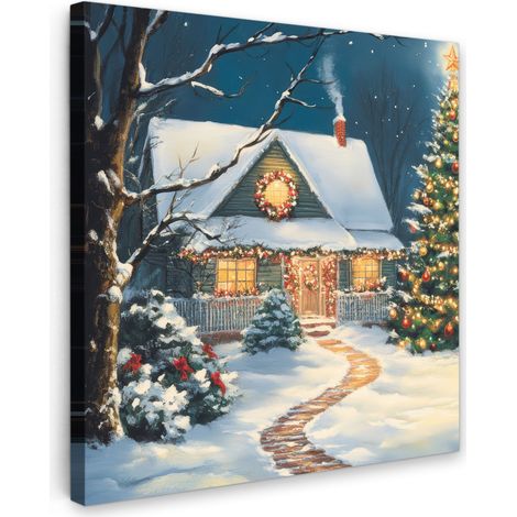 TABLEAU SUR TOILE Noël - Sapin de Noël - Hiver - Maison - Neige Tableau Chambre Adulte 90x90 cm