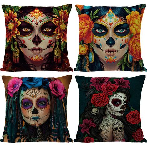 Set mit 4 bedruckten Halloween-Kissenbezügen aus Leinen, Sofakissen, Mexikanischer Tag der Toten, Horrorparty (45x45 cm) (1/4)